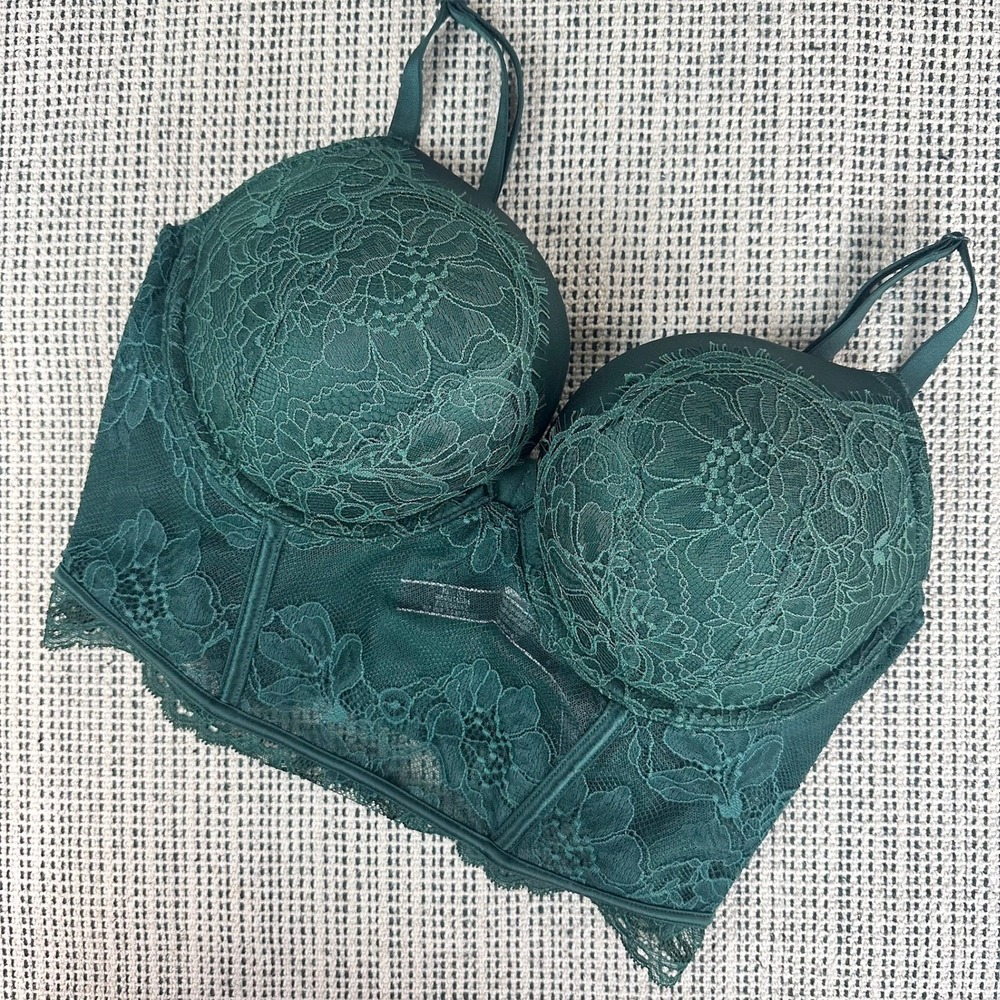 Victoria's Secret Bustier Womens Size 36C Green‎ Lace Very Sexy Push Up Longline